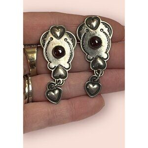 GWS MAKER NATIVE AMERICAN Garnet Sterling Silver Heart Dangle EARRINGS *READ*